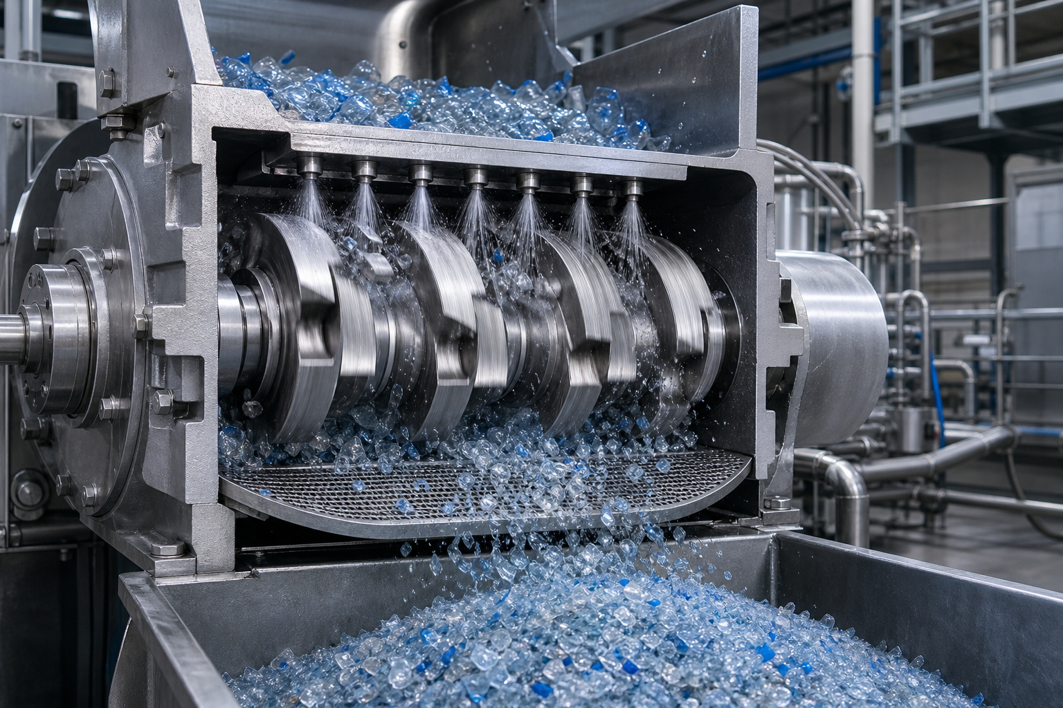 Industrial grinder processing crushed plastic bottles